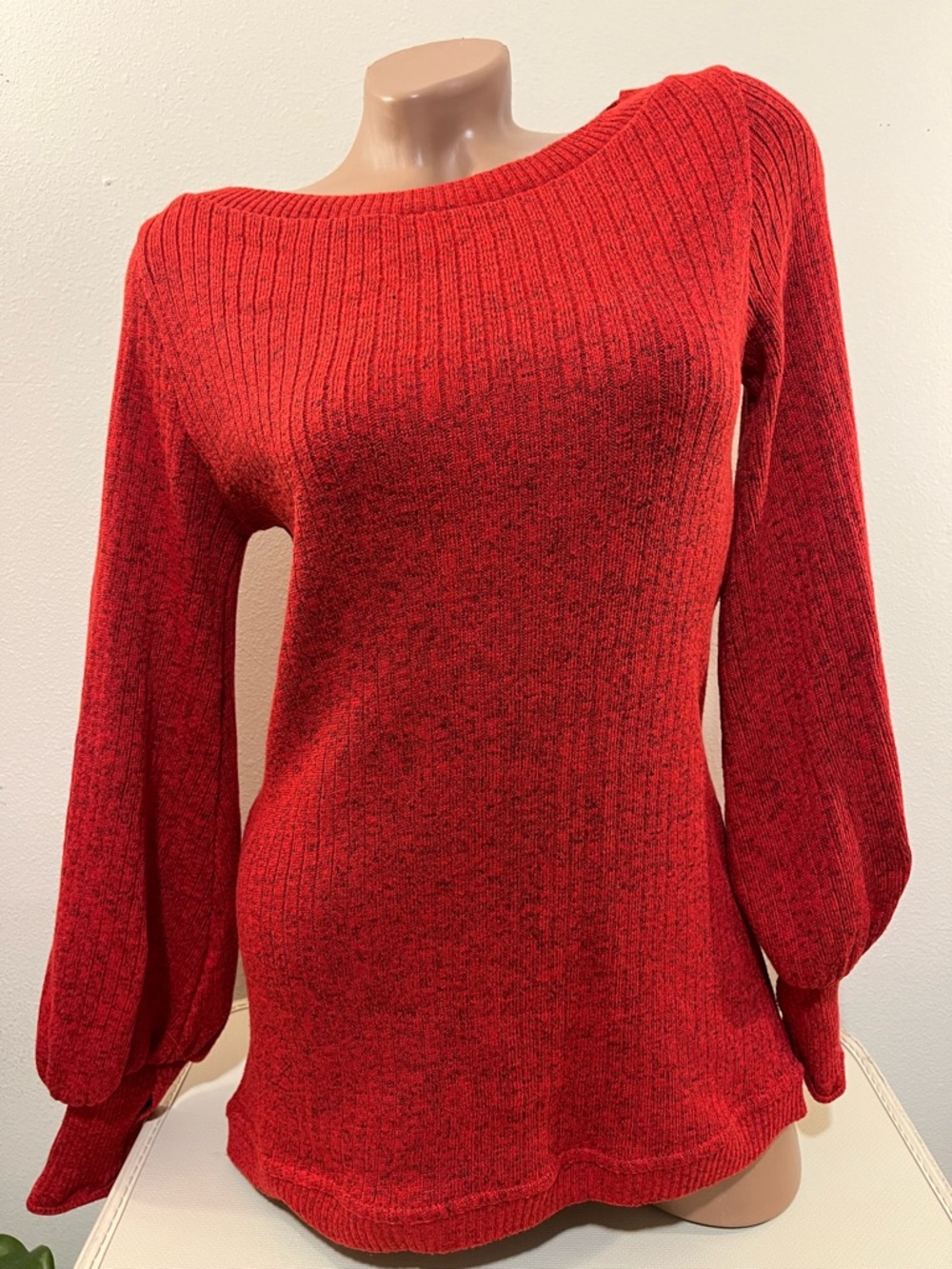 Red Ribbed Boatneck Hi Low Sweater